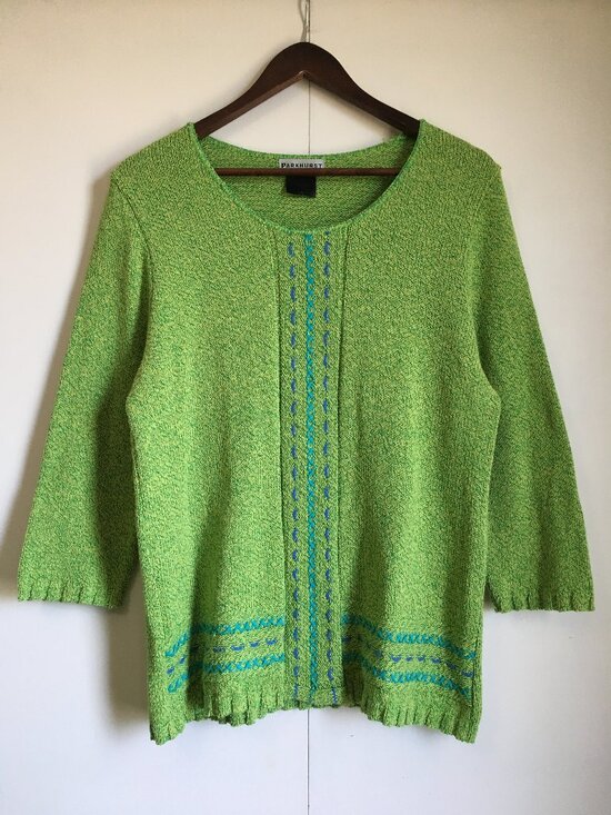 Parkhurst Sweaters - Vintage 90s Parkhurst Lime Green Knit Stitchwork Cotton Blend Sweater L